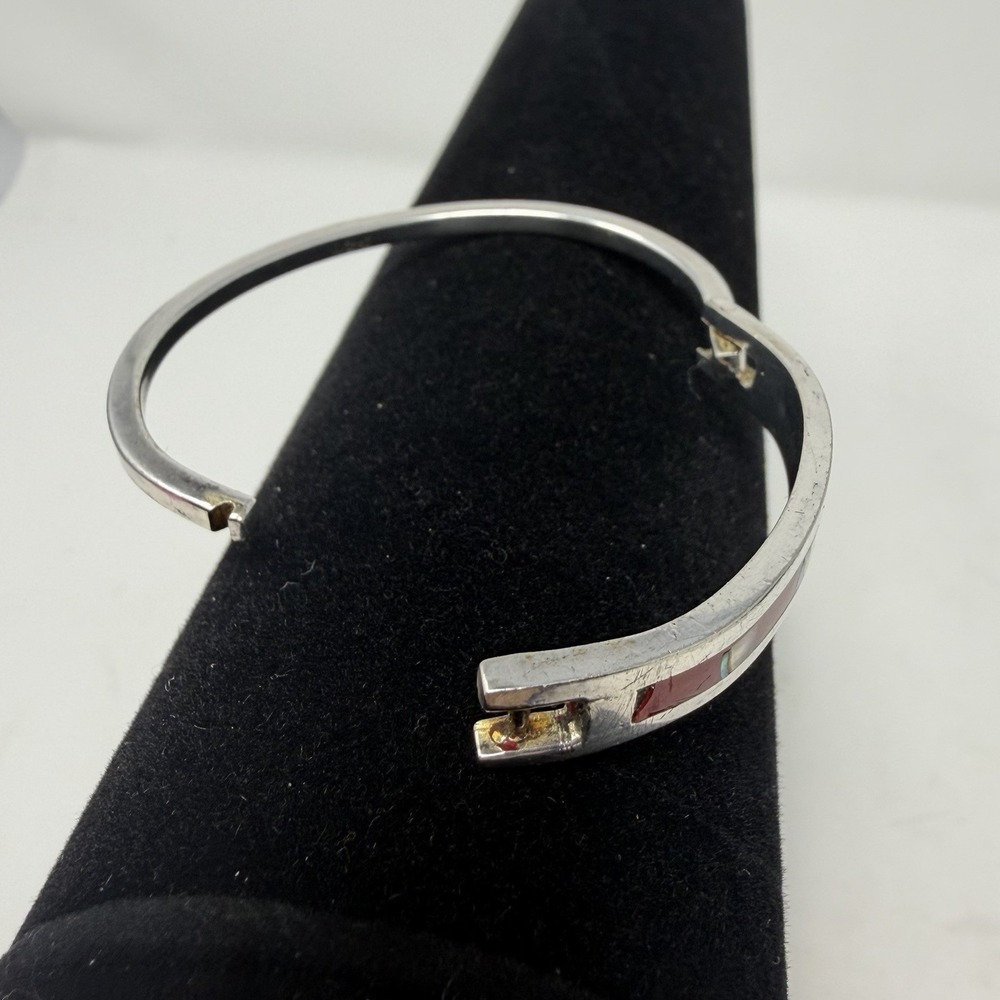 Vintage Mexico‎ 925 Sterling Silver Abalone Red Shell Inlay Hinged Cuff Bracelet - Picture 6 of 16